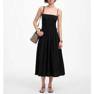NWT Madewell Petite Poplin Smocked Bodice Maxi Dress In Jet Black Size Petite XS
